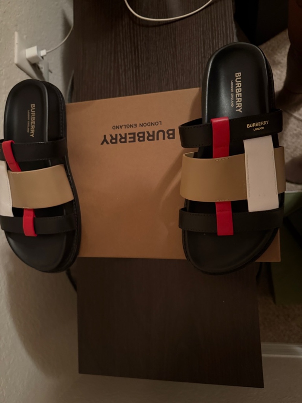 Burberry Black Slide Sandals with Beige, White & Red Straps - Picture 5 of 7